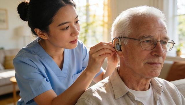 Caregiver adjusting behind-the-ear hearing aid on senior man in sunlit living room