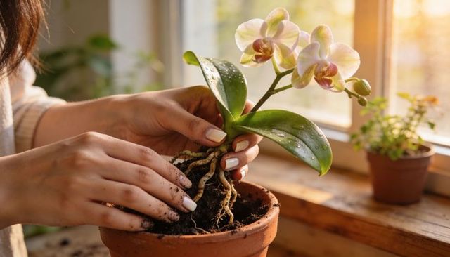 Hands repotting phalaenopsis orchid in sunlit window with terracotta pot and roots