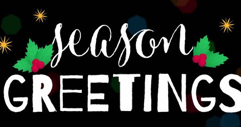 Season's Greetings with Holly and Fairy Lights on Black Background