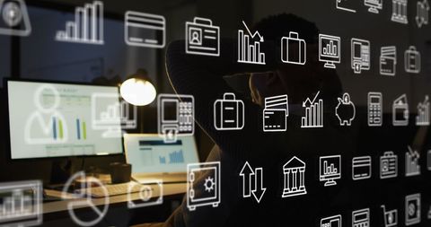 tired businessman overwhelmed by virtual data projections - Download Free Stock Images Pikwizard.com