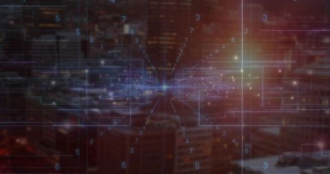 Digital network hub glowing over cityscape at night