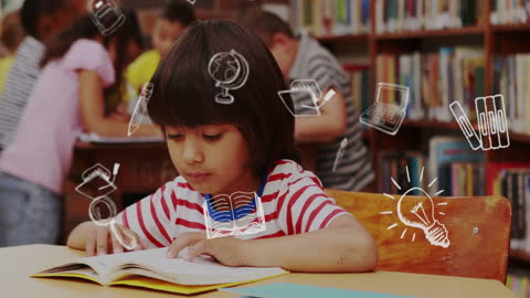 Young Learners Absorbed in School Library Reading Session