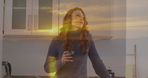 Woman Enjoying Coffee with Peaceful Sunset Overlay
