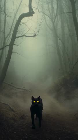 Vertical Misty Forest Path with Black Cat Prowling Toward Camera, Cinematic Moody Night Clip
