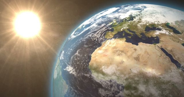 Revolving earth and bright sun in space