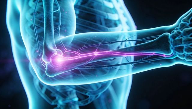 Highlighting ulnar nerve pathway in transparent elbow anatomy with neon neural tracing