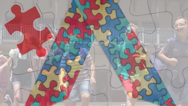 This video features a vibrant autism awareness ribbon made of puzzle pieces, superimposed on running schoolchildren from diverse ethnic backgrounds. The visual metaphor highlights the unity and inclusion of children with special needs within educational environments. This video can be effectively used for campaigns, educational materials, social media posts, or marketing communications aimed at promoting autism awareness and inclusion in schools.