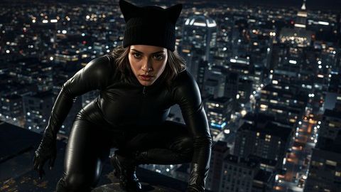 Stealthy female burglar in black catsuit on rooftop overlooking cityscape