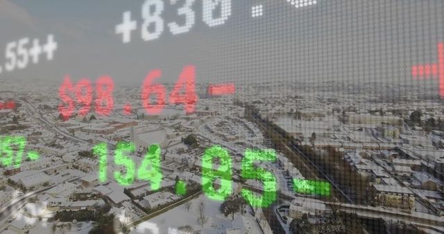 Digital Stock Market Ticker Over Suburban Winter Landscape