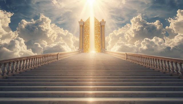 Stairway to Heaven with Golden Gates and Radiant Clouds