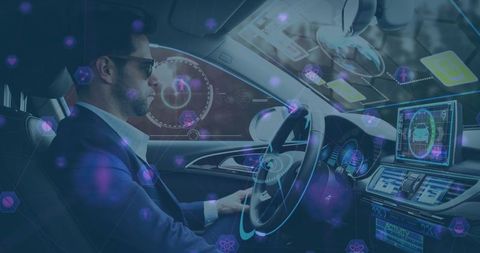 Man Driving High-tech Self-driving Car with Digital Network Overlay - Download Free Stock Images Pikwizard.com