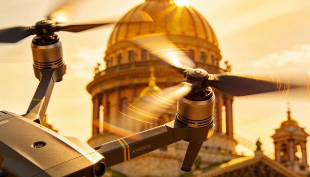 Golden hour drone hovering with spinning propellers in front of historic dome