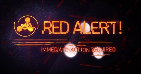 Red alert warning on black digital interface background