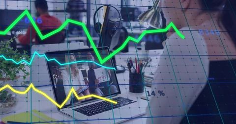 Presenters Delivering Data-Driven Webinar on Laptop with Financial Charts Overlay