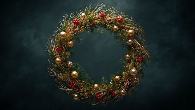 Luxurious Festive Wreath on Dark Background Celebrating Holiday Elegance