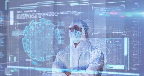 Futuristic medicine with digital interface and virus visualization