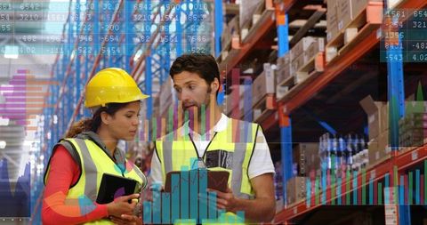 Staff Reviewing Inventory with Tablet and Notepad, Warehouse Analytics Overlay