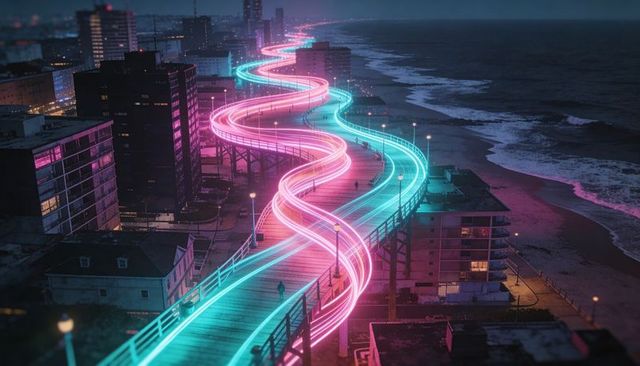 Neon ribbon winding along coastal boardwalk casting cyan and magenta city glow
