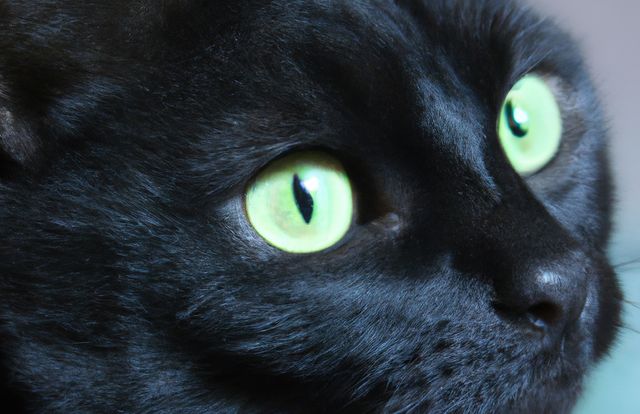 Close-up image focuses on vivid green eyes of black cat, highlighting details of fur and whiskers. Ideal for use in websites or materials related to pets, animal lovers, or in articles discussing cat breeds and behavior. Perfect for posters, pet care blogs, or social media posts aimed at cat enthusiasts.