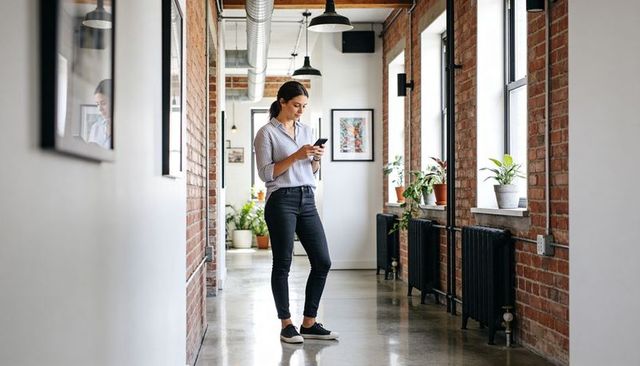 Woman standing in industrial loft hallway checking smartphone, casual startup lifestyle