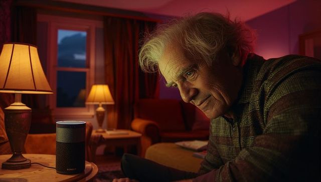 Elderly man using smart speaker in cozy home living room