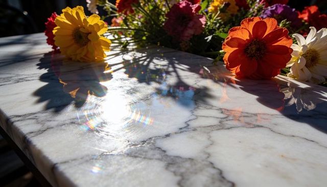 Glossy marble table reflecting sunlight with rainbow flare and colorful cut flowers