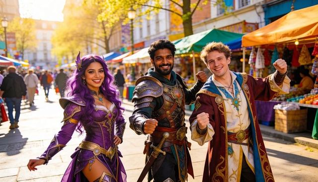 Sunlit urban fantasy cosplayers posing at vibrant market with ornate armor and robe