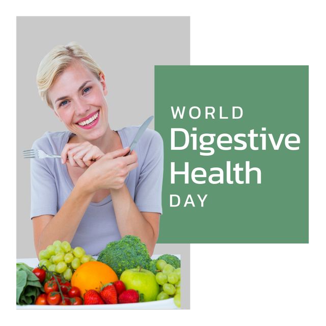 Smiling Woman Promoting World Digestive Health Day with Fruits and Vegetables - Download Free Stock Templates Pikwizard.com