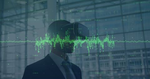 Businessman Using VR Headset with Digital Data Visualization