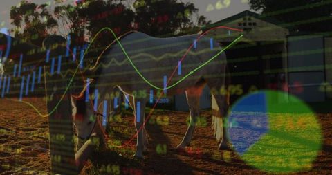 Horse grazing at ranch overlaid with financial data charts