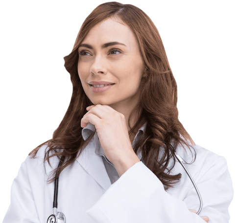 Transparent Female Doctor Thinking Wearing White Coat with Stethoscope