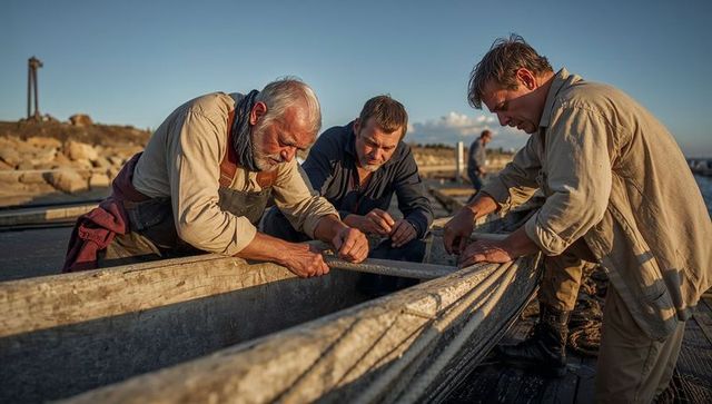Fishermen repairing weathered wooden boat on dock at golden hour showcasing teamwork