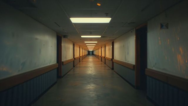 Long industrial corridor in modern facility with fluorescent lighting