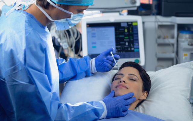 This image depicts a healthcare professional administering an injection to the face of a female patient in an operating room setting. This can be used for articles for medical procedures, cosmetic surgery information, hospital care practices, or educational materials on healthcare and surgery.