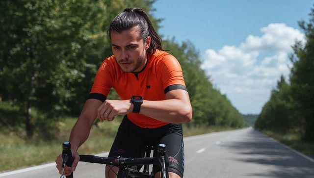 Road cyclist checking smartwatch while riding through tree-lined country road