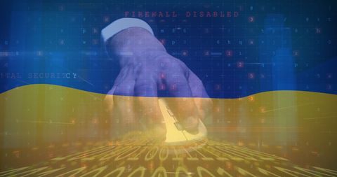 Cyber warfare scene with ukrainian flag digital overlay