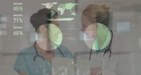 Caucasian Female Doctors Analyzing Data with Digital Interface
