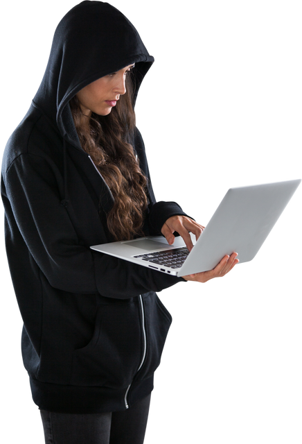 Serious Female Hacker in Hood Stylishly Operating Laptop Against Transparent Background - Download Free Stock Videos Pikwizard.com