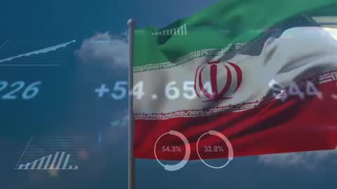 Iranian Flag Overlaid with Financial Data and Charts