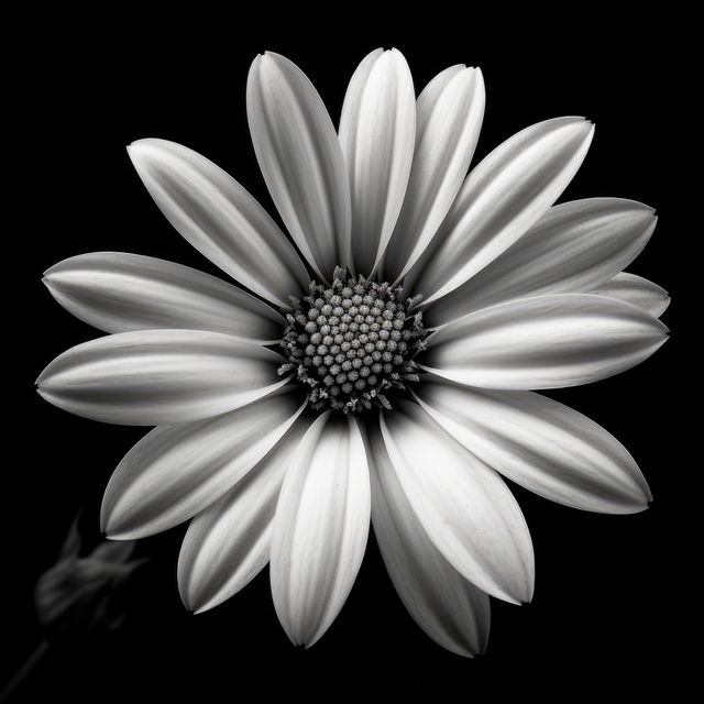 This close-up image shows a detailed and symmetrical flower with perfectly arranged petals in black and white. Useful for nature and botanical projects, as well as backgrounds or decorative art prints. Ideal for use in print and digital media, design and art projects highlighting the beauty and complexity of floral structures.