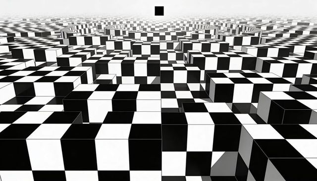 Monochrome Checkerboard Cubes Creating Surreal Tessellated Landscape with Floating Cube