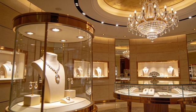 Opulent jewelry boutique interior with crystal chandelier and illuminated glass displays