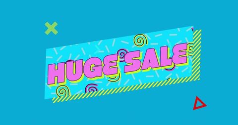 Retro neon 'huge sale' diagonal banner with candy motifs and geometric sprinkles
