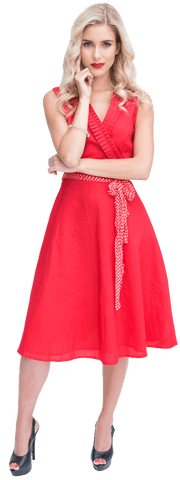 Transparent image of thoughtful blonde woman in elegant red dress
