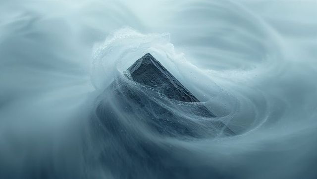Dark triangular rock cutting through swirling water currents