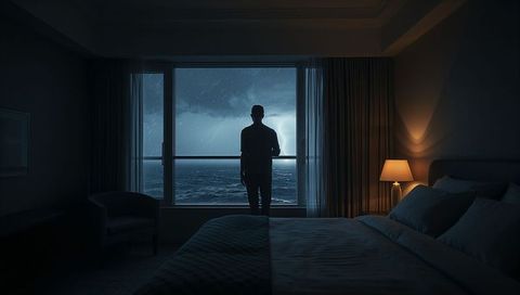 Solitary silhouette standing at bedroom window watching stormy ocean night rain lightning