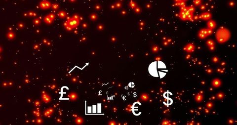 Pulsing finance icons on ember background featuring currency symbols, charts, data visualization