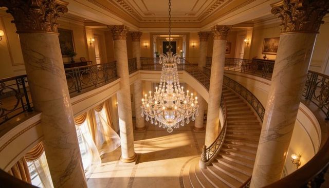 Crystal chandelier casting warm light over grand marble staircase, corinthian columns