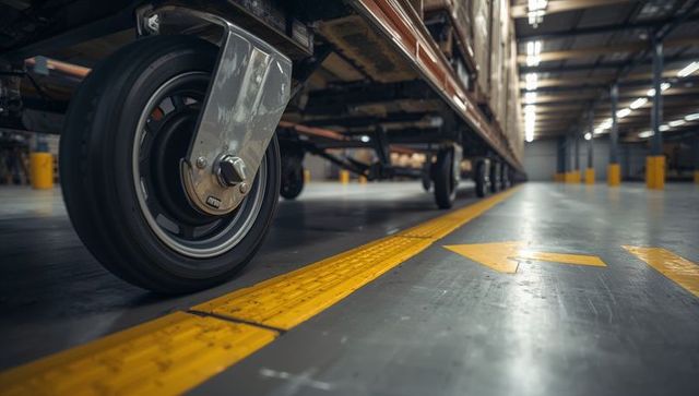 Heavy-duty caster wheel rolling along warehouse aisle with yellow guide line and arrows