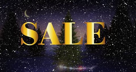 Gold Sale Text Over Snowy Night with Christmas Trees